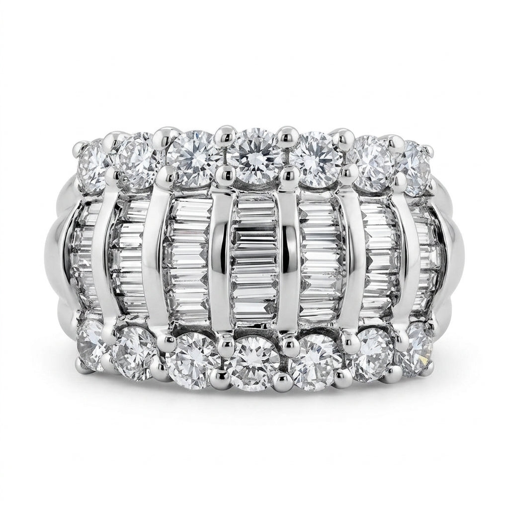 Tapered Baguette and Round Diamond Wide Band Ring - white background