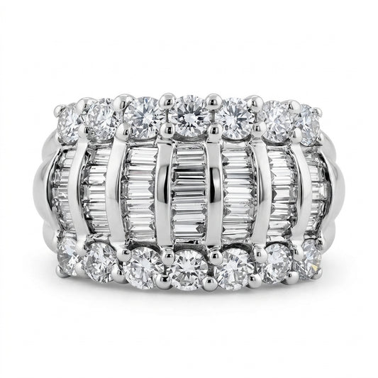 Tapered Baguette and Round Diamond Wide Band Ring - white background