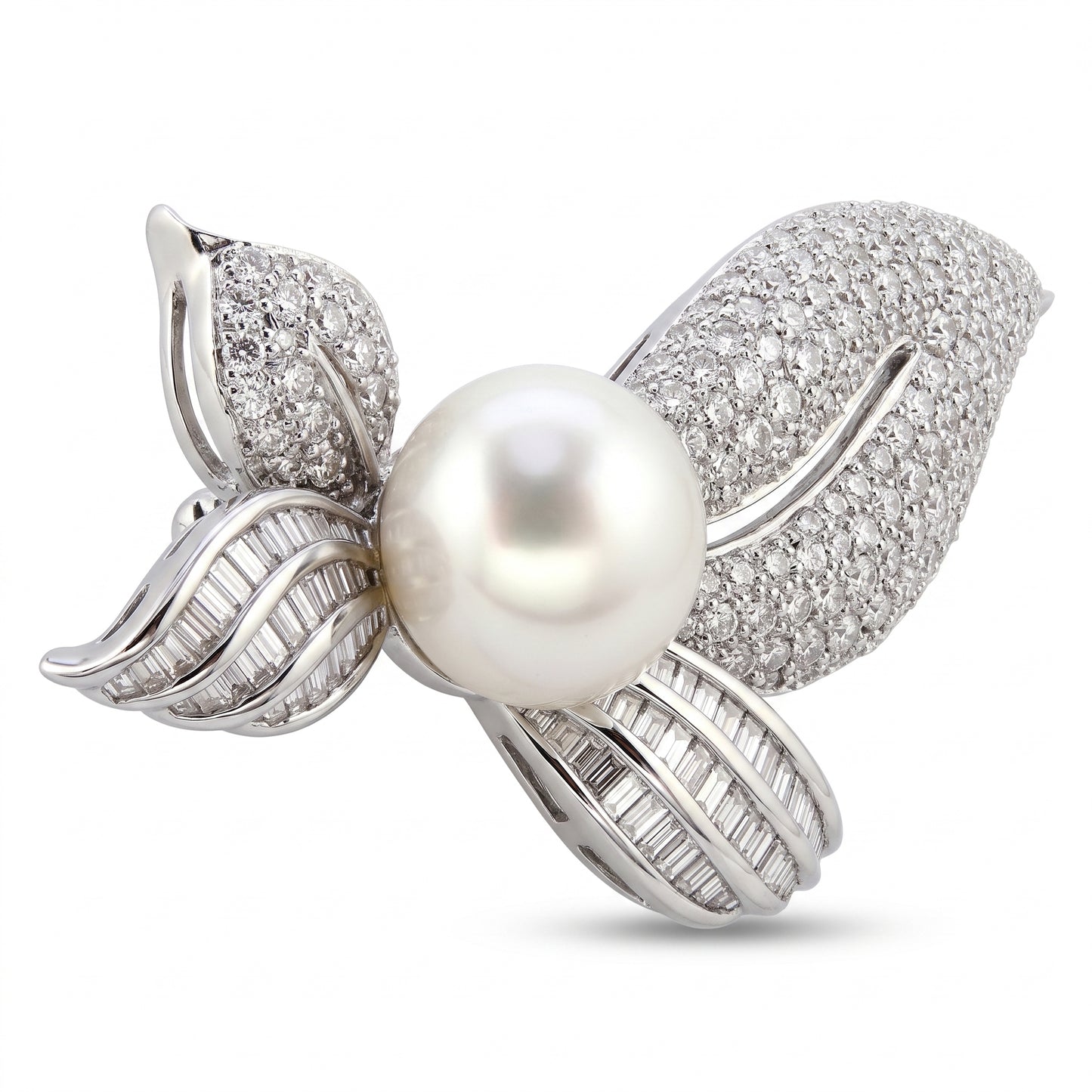 13mm South Sea Pearl & Diamond Leaf Brooch
