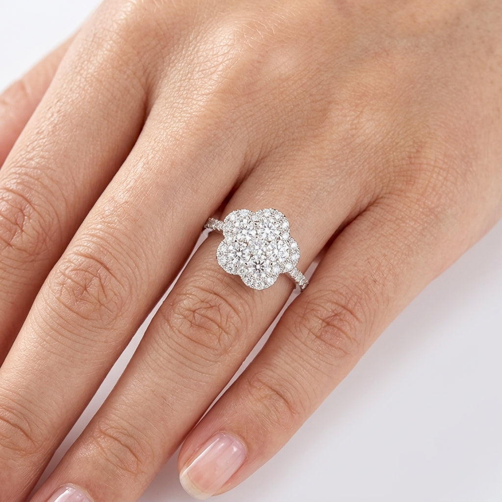 Model wearing 18K white gold diamond flower cluster ring