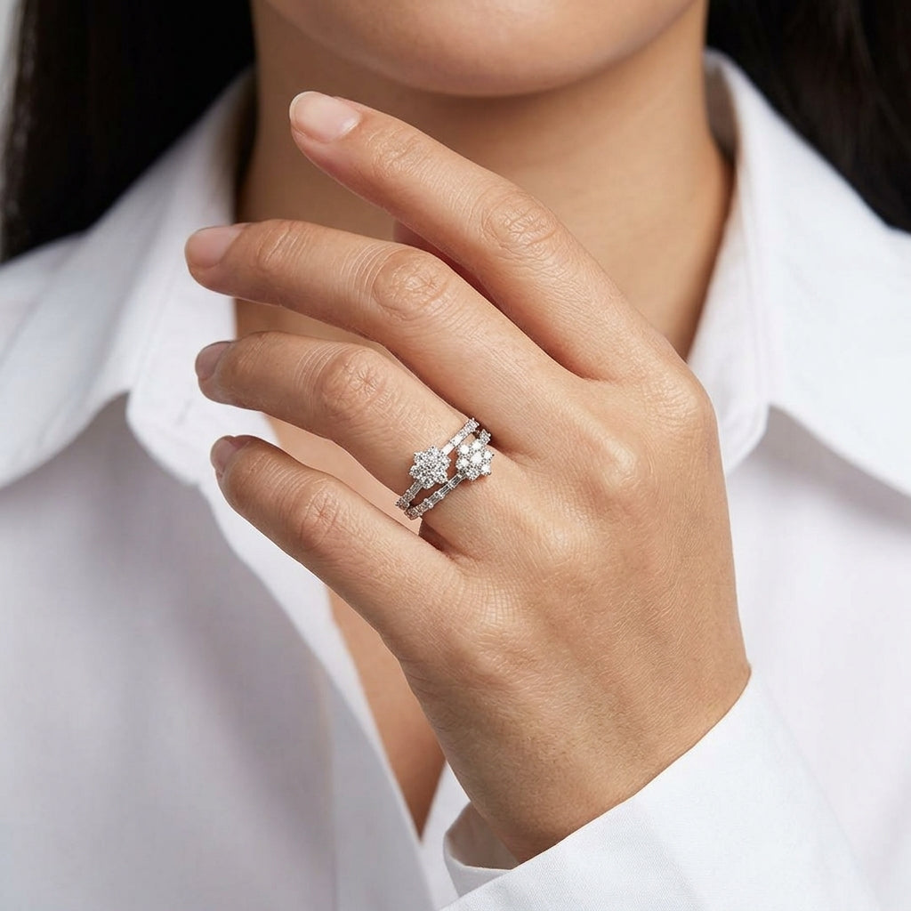 Model wearing 18K white gold double-row diamond flower ring