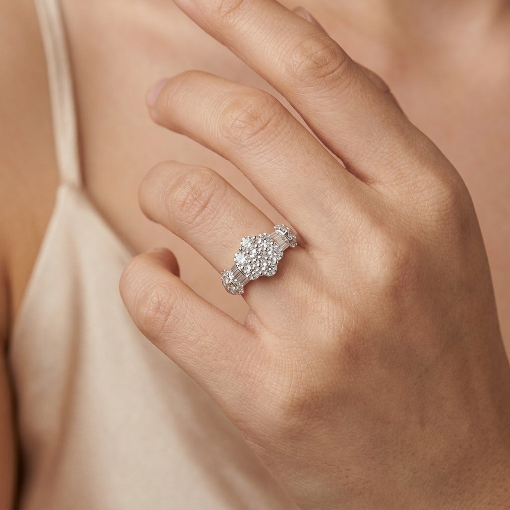 Model wearing 18K white gold diamond flower cluster ring