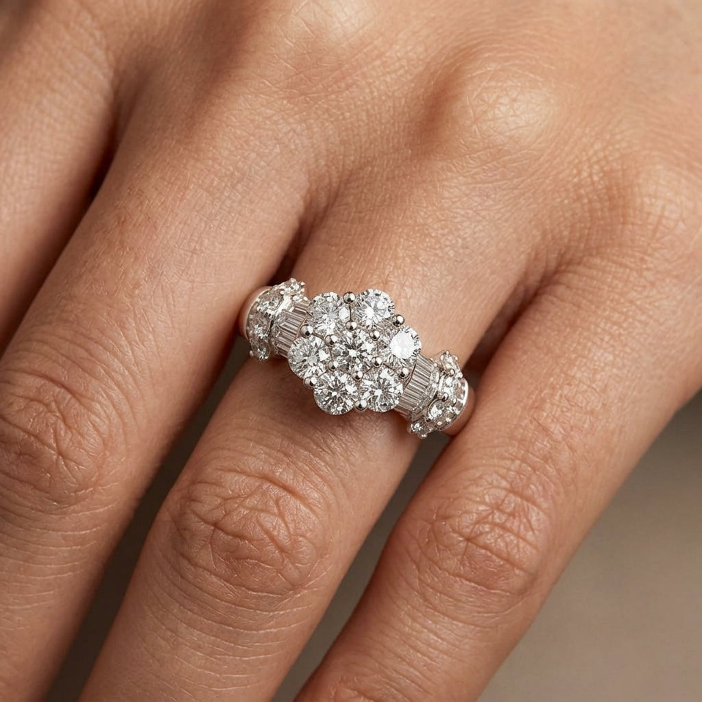 Model wearing 18K white gold diamond flower cluster ring
