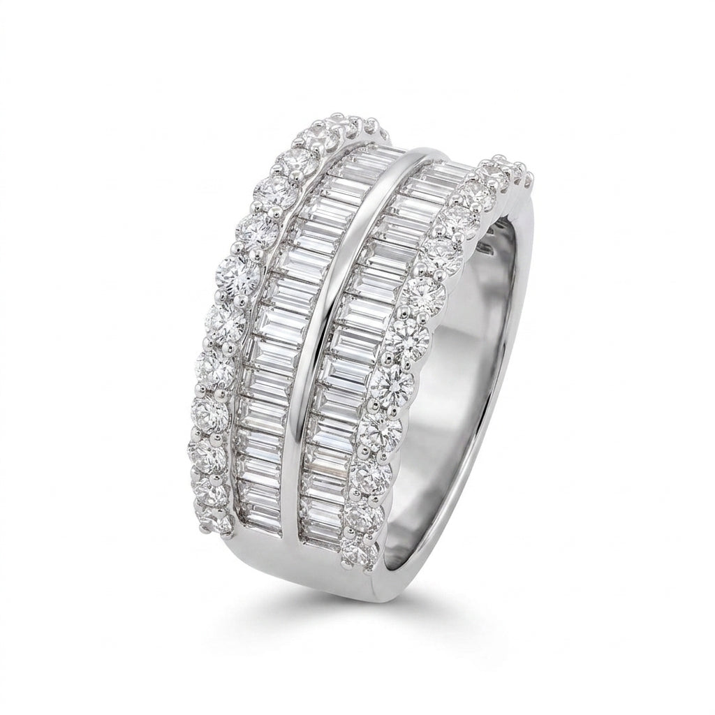 18K white gold baguette and round diamond wide band ring