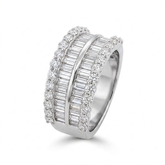 18K white gold baguette and round diamond wide band ring