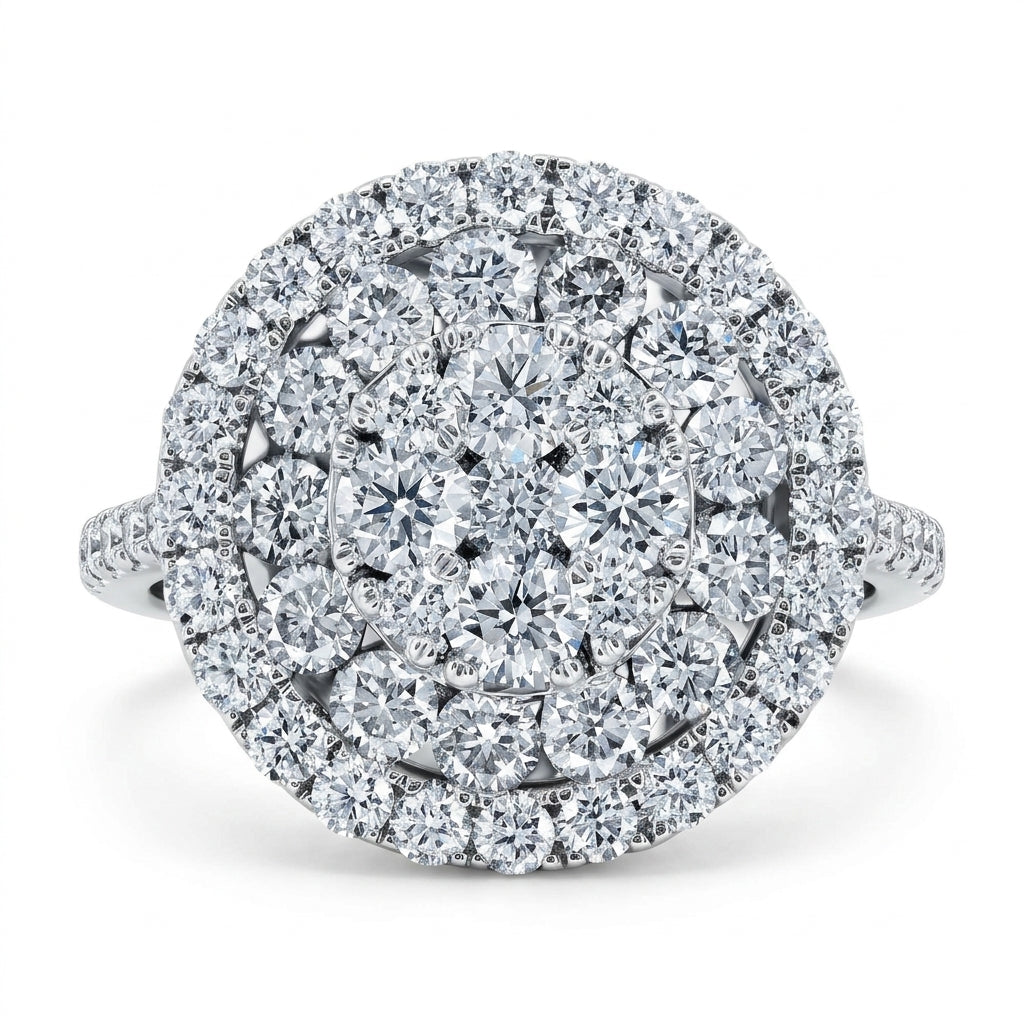 18K white gold 160 round diamond pave cluster ring, white background