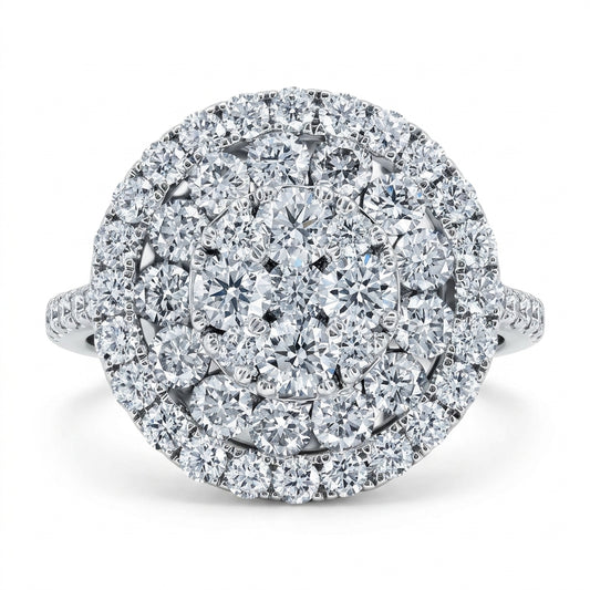 18K white gold 160 round diamond pave cluster ring, white background