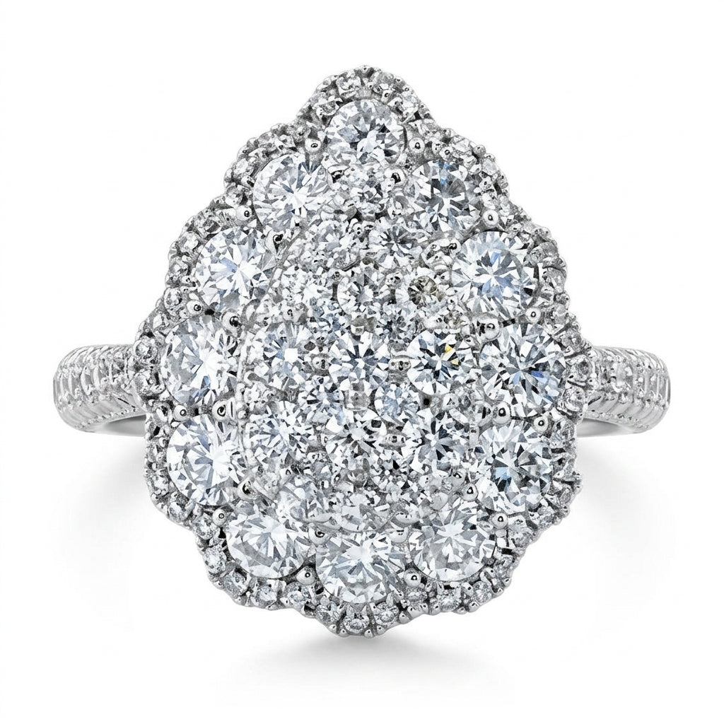 18K white gold pear-shaped diamond pave cluster ring, white background