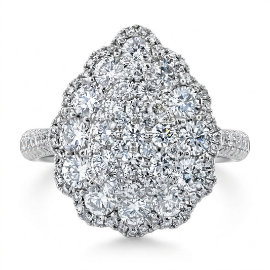 18K white gold pear-shaped diamond pave cluster ring, white background
