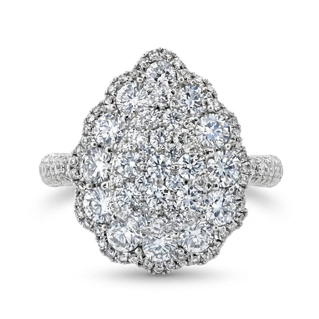 18K white gold pear-shaped diamond pave cluster ring, angled view