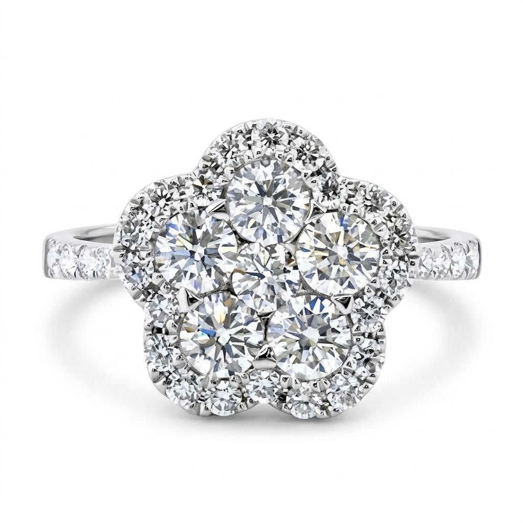 18K white gold diamond flower cluster ring with pave shoulders
