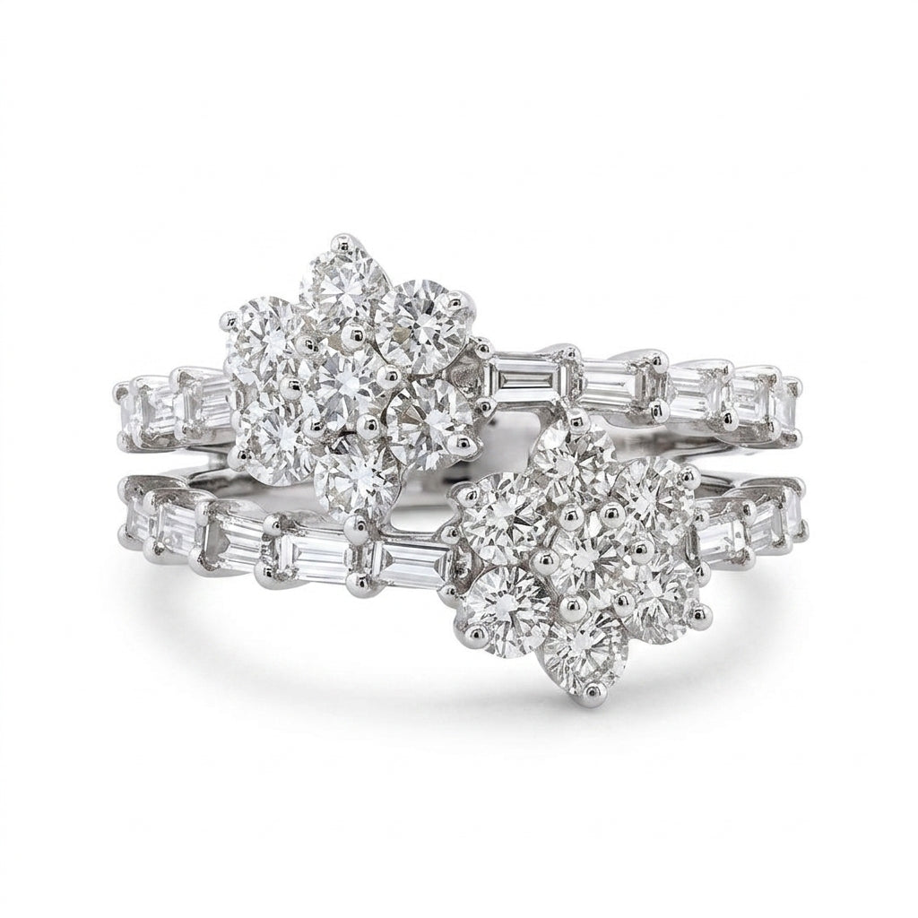 18K white gold double-row diamond flower ring, angled view