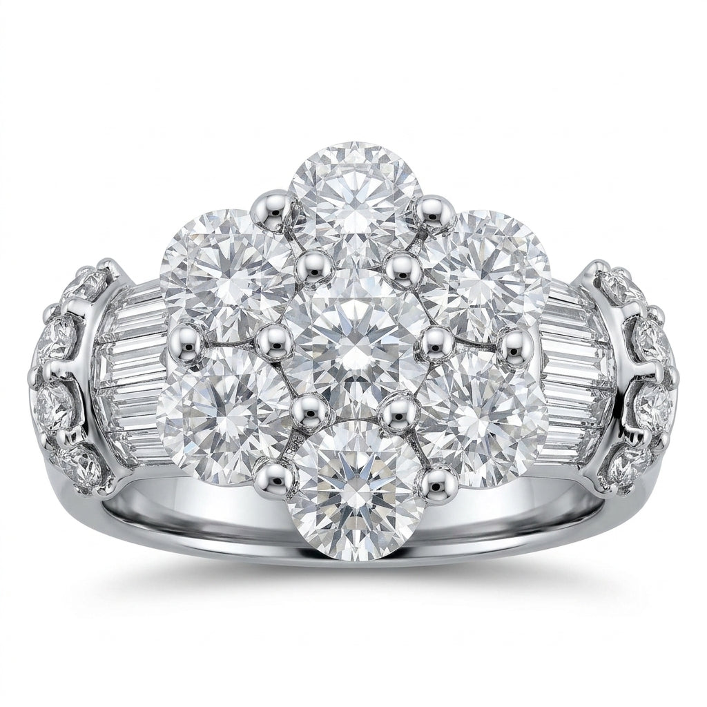 18K white gold round diamond flower cluster ring, angled view