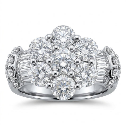 18K white gold round diamond flower cluster ring, angled view