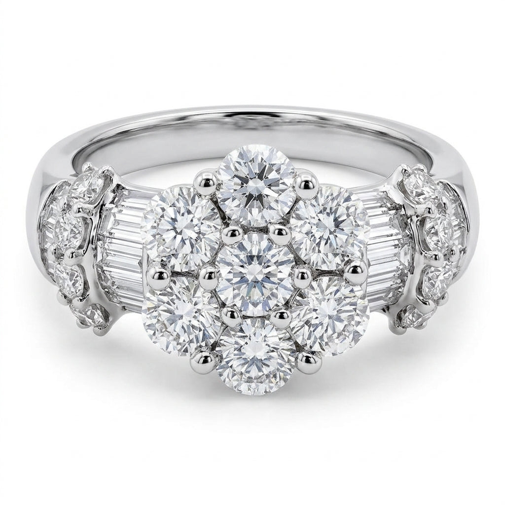 18K white gold diamond flower cluster ring with baguette shoulders
