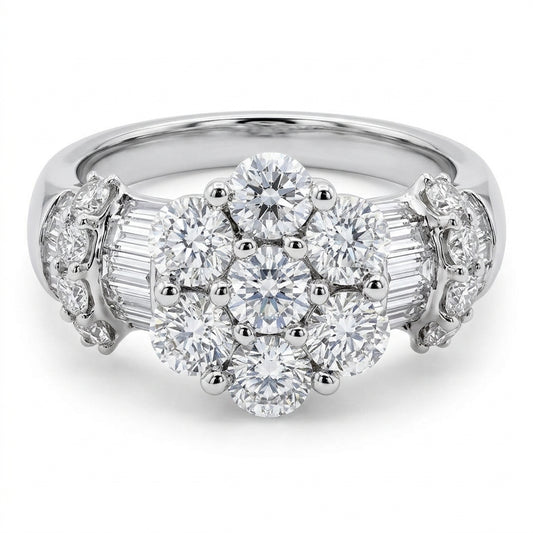 18K white gold diamond flower cluster ring with baguette shoulders