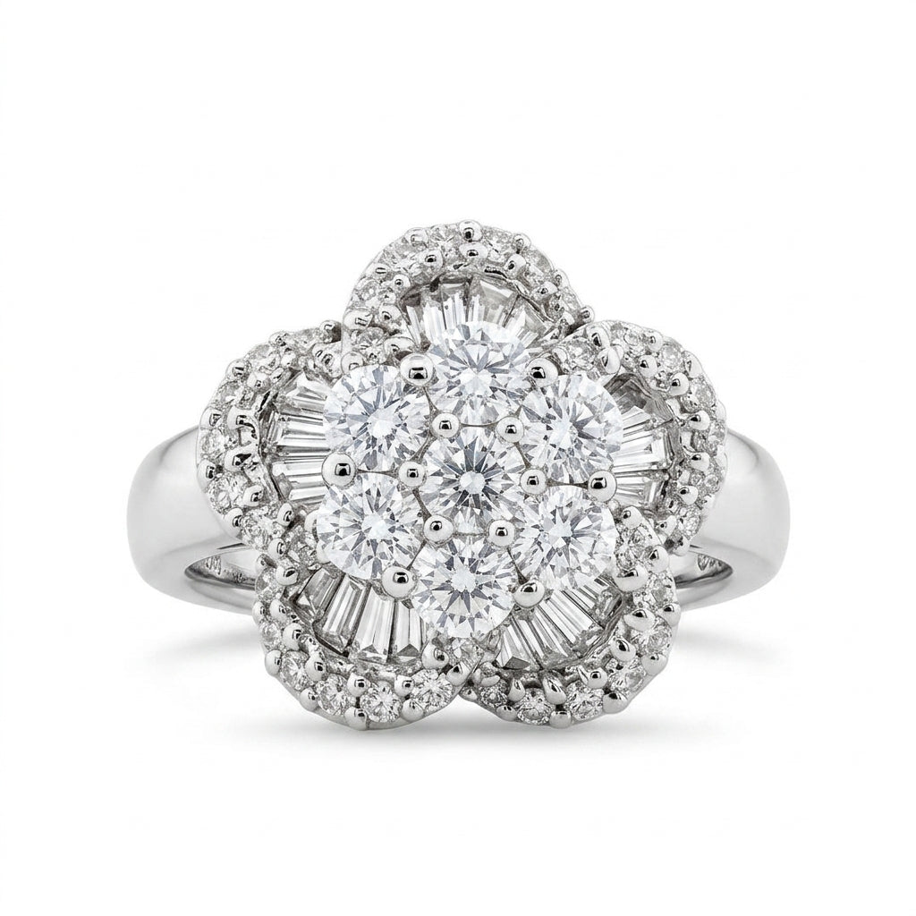 18K white gold diamond five-petal flower cocktail ring with baguette petals