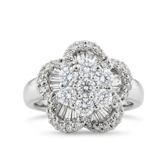 18K white gold diamond five-petal flower cocktail ring with baguette petals