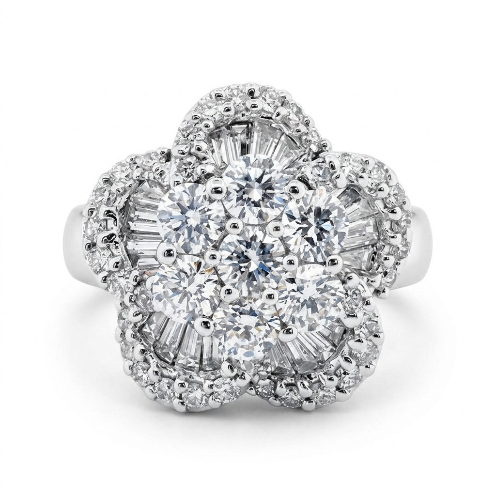 18K white gold diamond flower cocktail ring, angled view