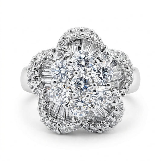 18K white gold diamond flower cocktail ring, angled view