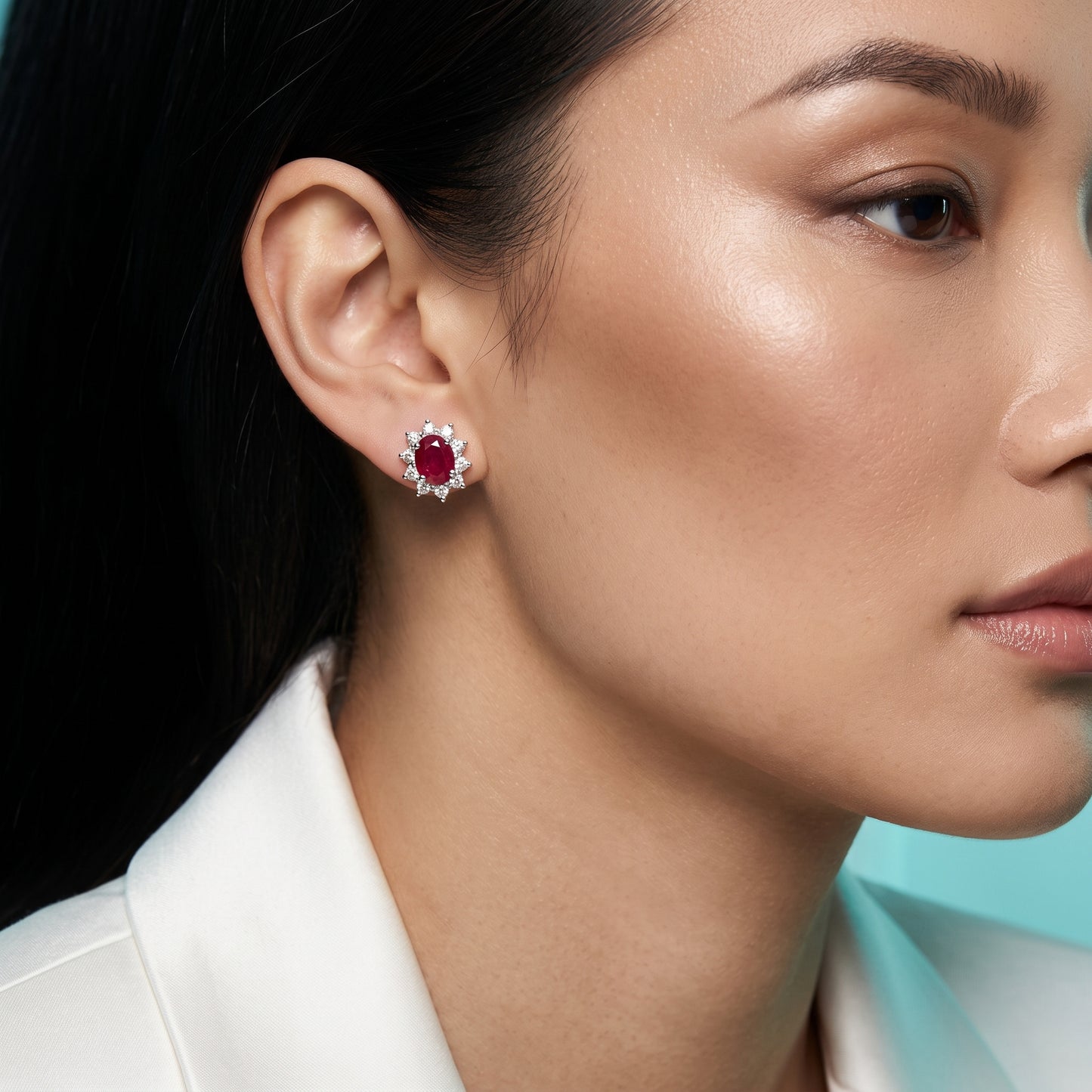 2.54 Carat Oval Ruby Starburst Halo Stud Earrings — worn on model