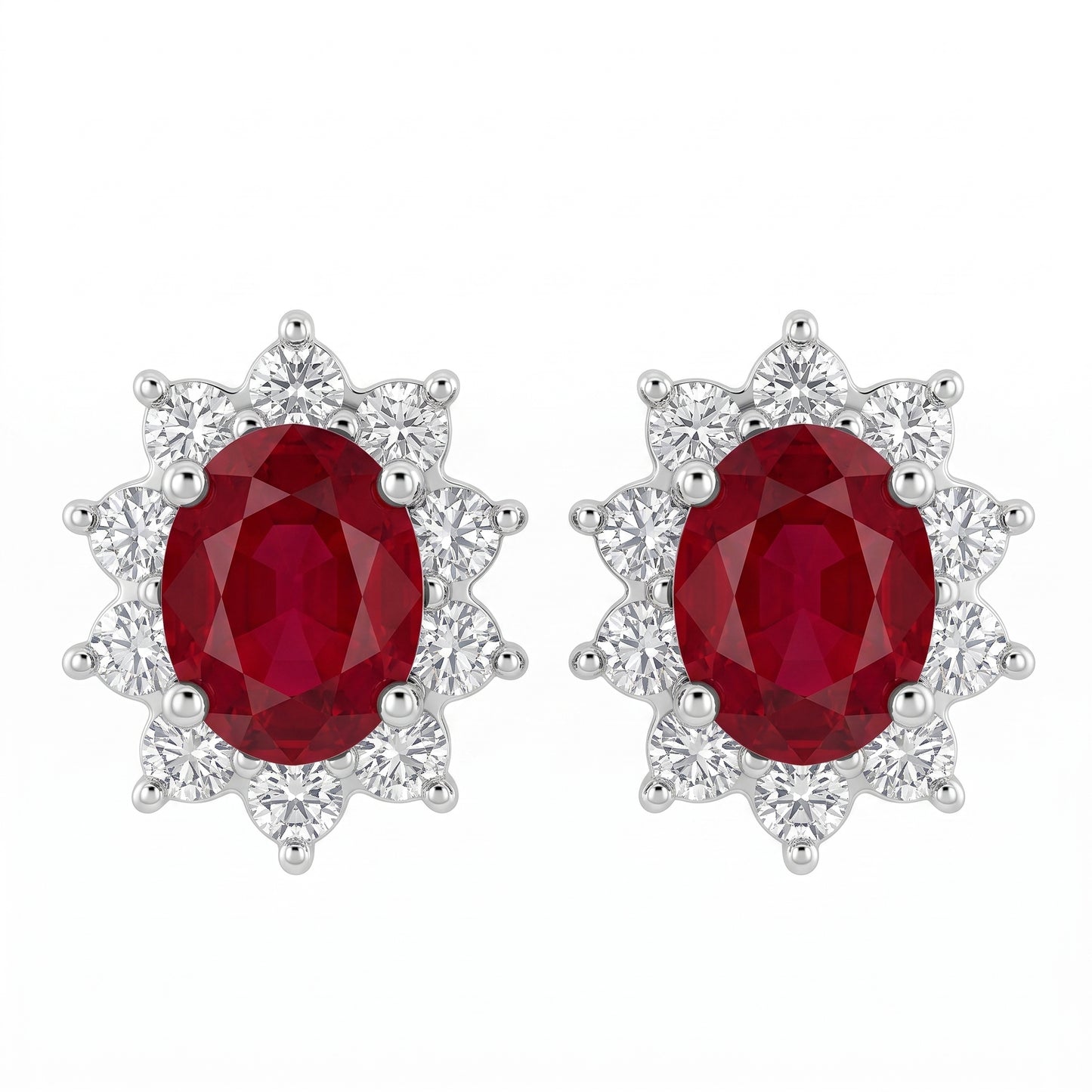 2.54 Carat Oval Ruby Starburst Halo Stud Earrings — front view