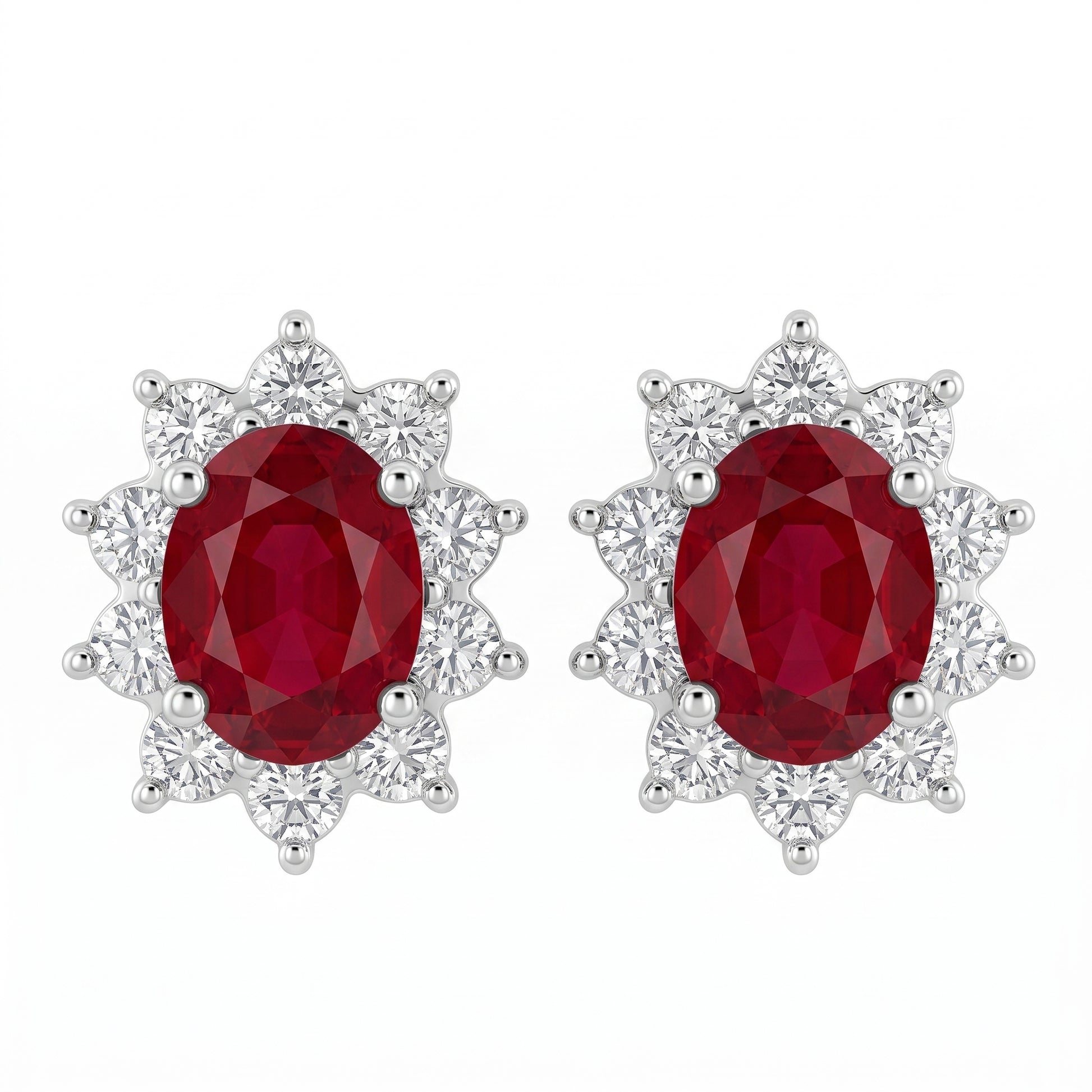 2.54 Carat Oval Ruby Starburst Halo Stud Earrings — front view