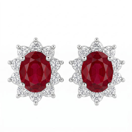 2.54 Carat Oval Ruby Starburst Halo Stud Earrings — front view