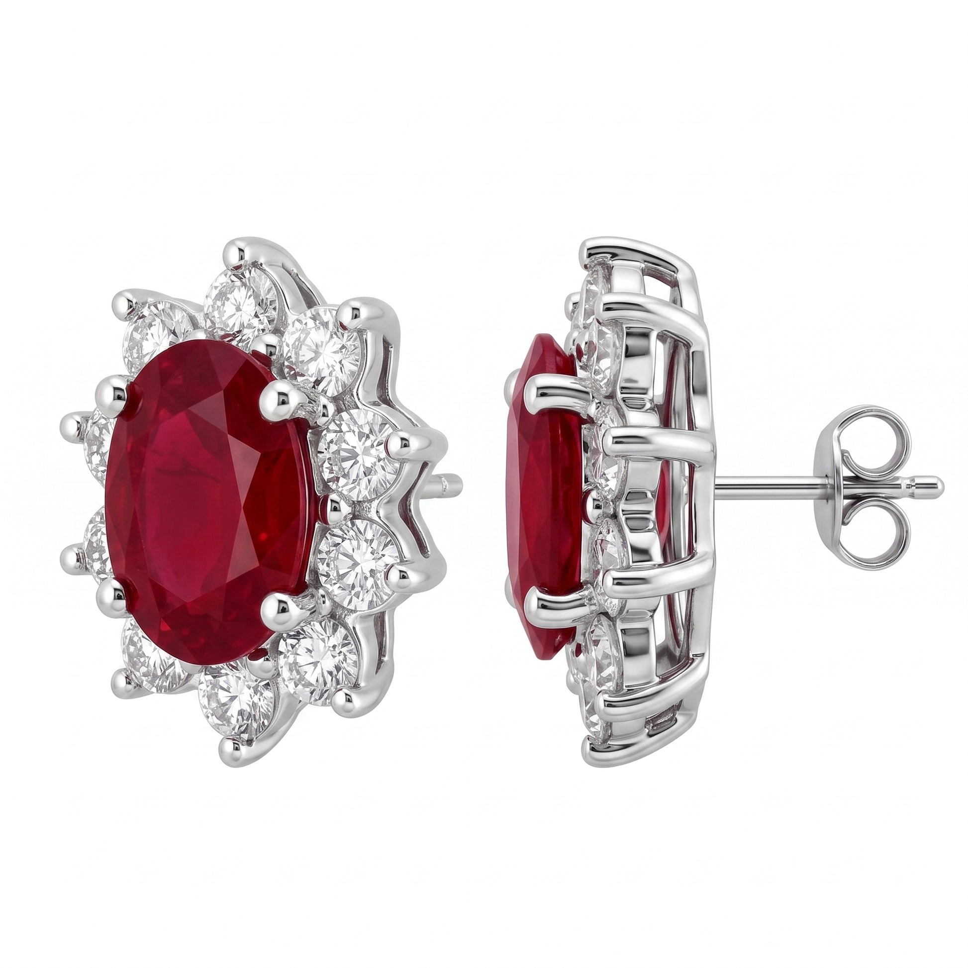 2.54 Carat Oval Ruby Starburst Halo Stud Earrings — side profile