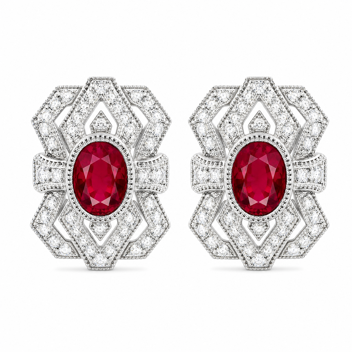 RECY0243W W-1 frontal pair - oval ruby and diamond Art Deco openwork filigree clip earrings in 18K white gold