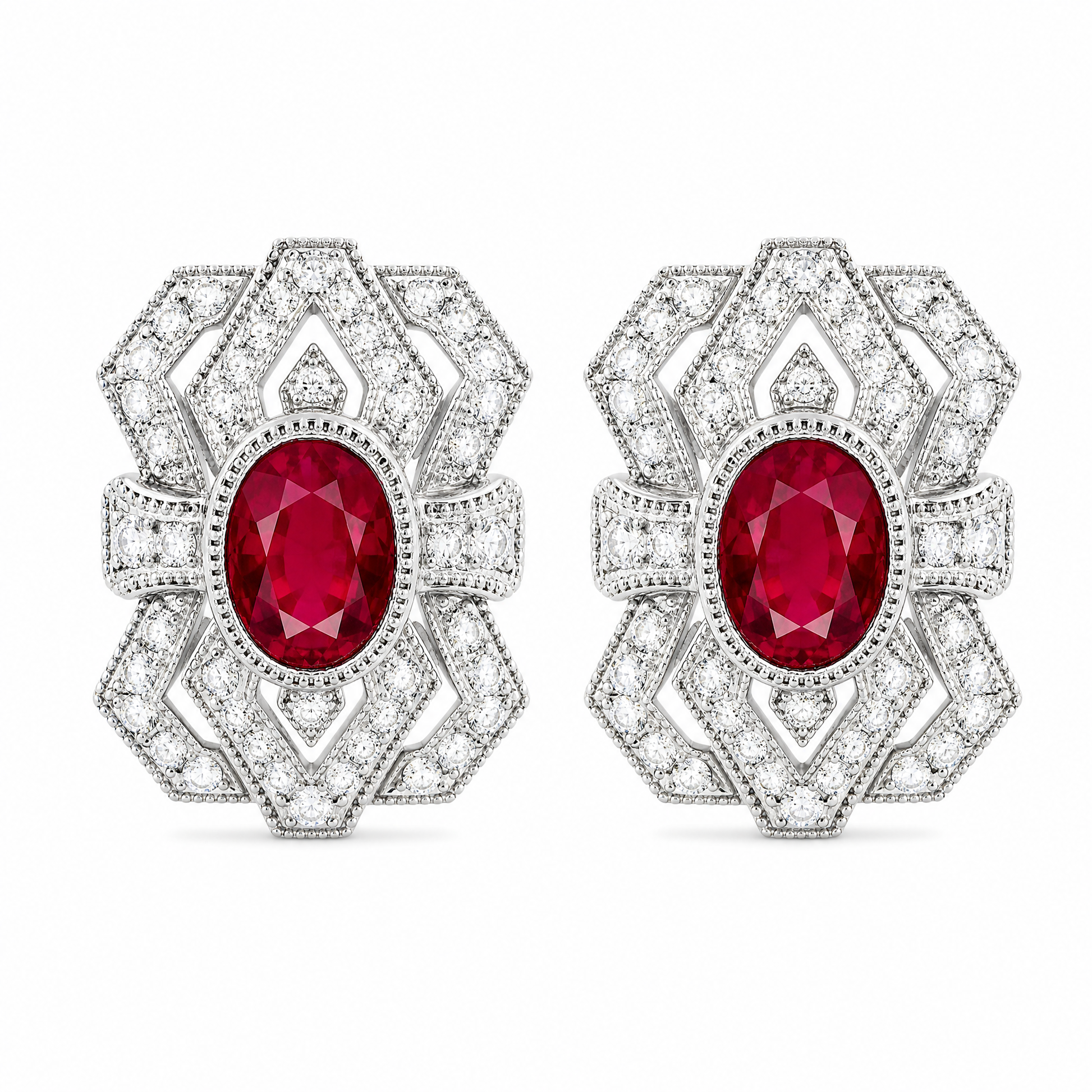 RECY0243W W-1 frontal pair - oval ruby and diamond Art Deco openwork filigree clip earrings in 18K white gold
