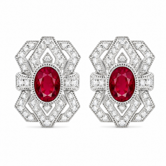RECY0243W W-1 frontal pair - oval ruby and diamond Art Deco openwork filigree clip earrings in 18K white gold