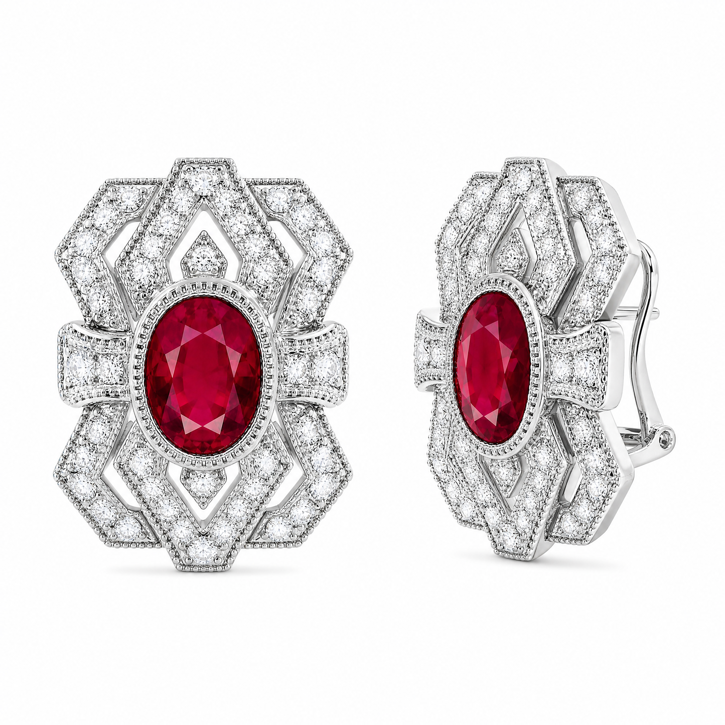 RECY0243W W-2 front and turned view showing French clip backing - oval ruby and diamond Art Deco openwork filigree clip earrings in 18K white gold