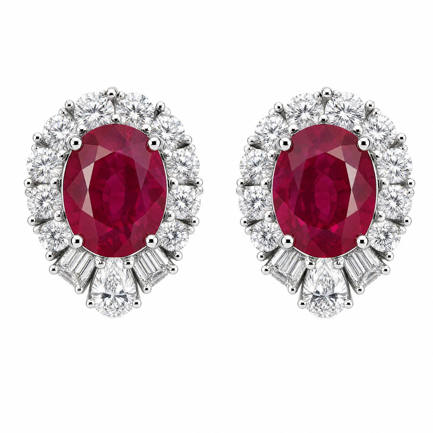 RECY0524W W-1 frontal pair - oval ruby and diamond halo clip earrings in 18K white gold