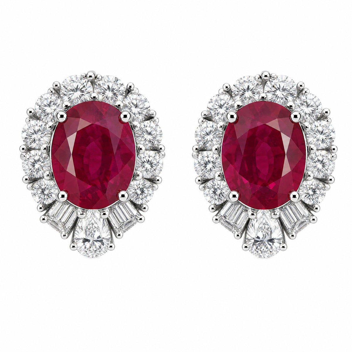 RECY0524W W-1 frontal pair - oval ruby and diamond halo clip earrings in 18K white gold