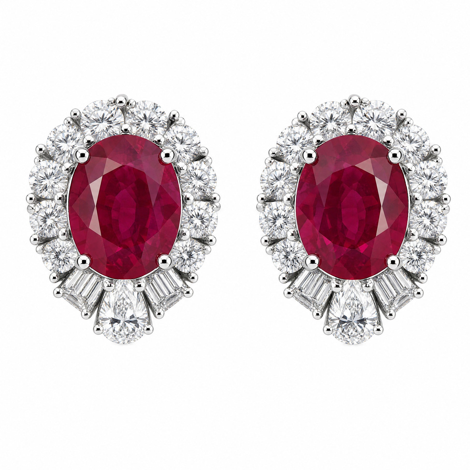RECY0524W W-1 frontal pair - oval ruby and diamond halo clip earrings in 18K white gold