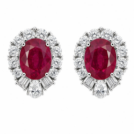RECY0524W W-1 frontal pair - oval ruby and diamond halo clip earrings in 18K white gold