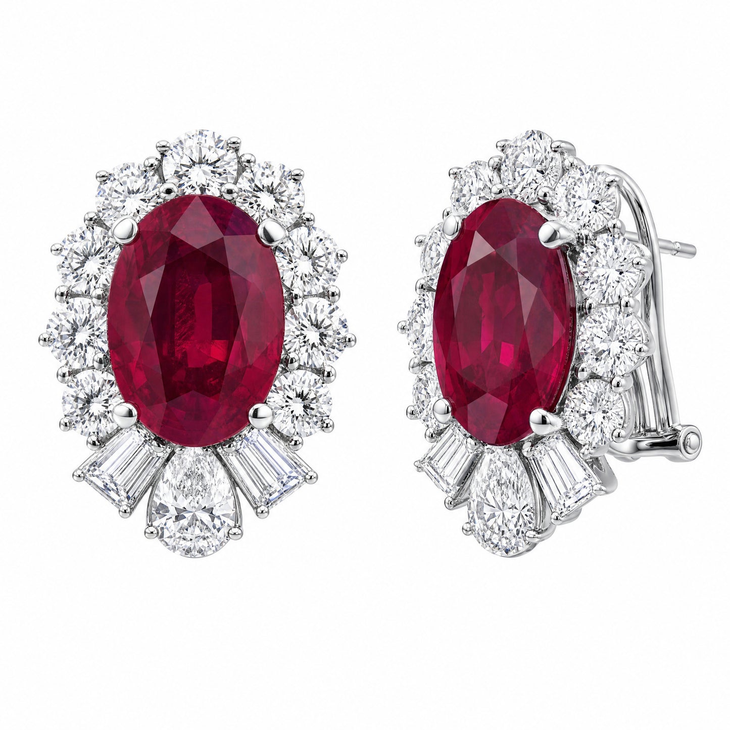 RECY0524W W-2 turn view showing French clip backing - oval ruby and diamond halo clip earrings in 18K white gold