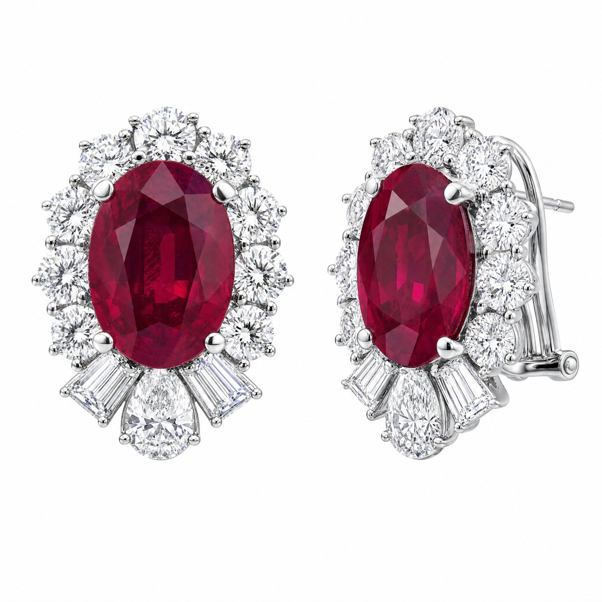 RECY0524W W-2 turn view showing French clip backing - oval ruby and diamond halo clip earrings in 18K white gold