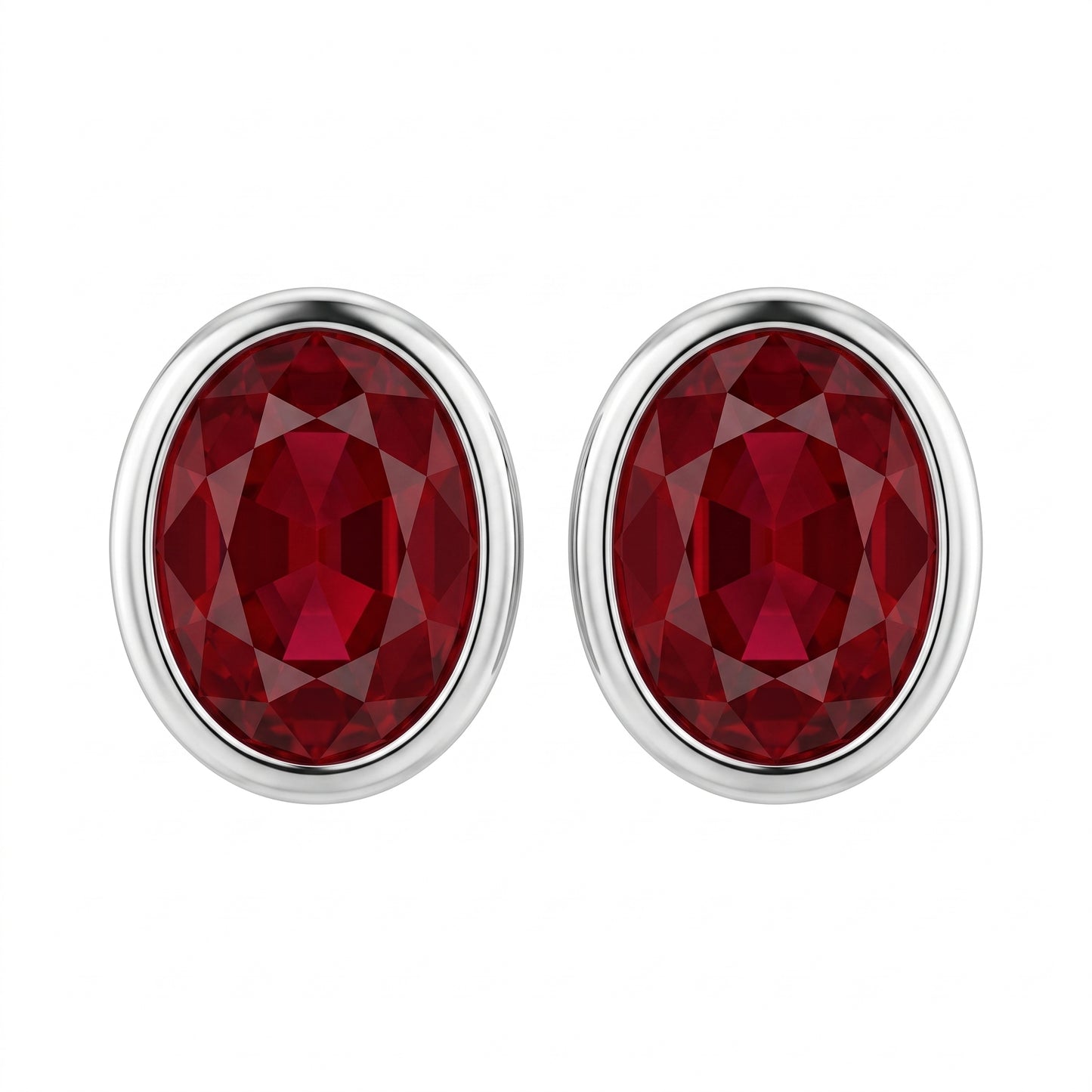14k and 18k white gold 5x6mm oval ruby bezel-set earrings, white background