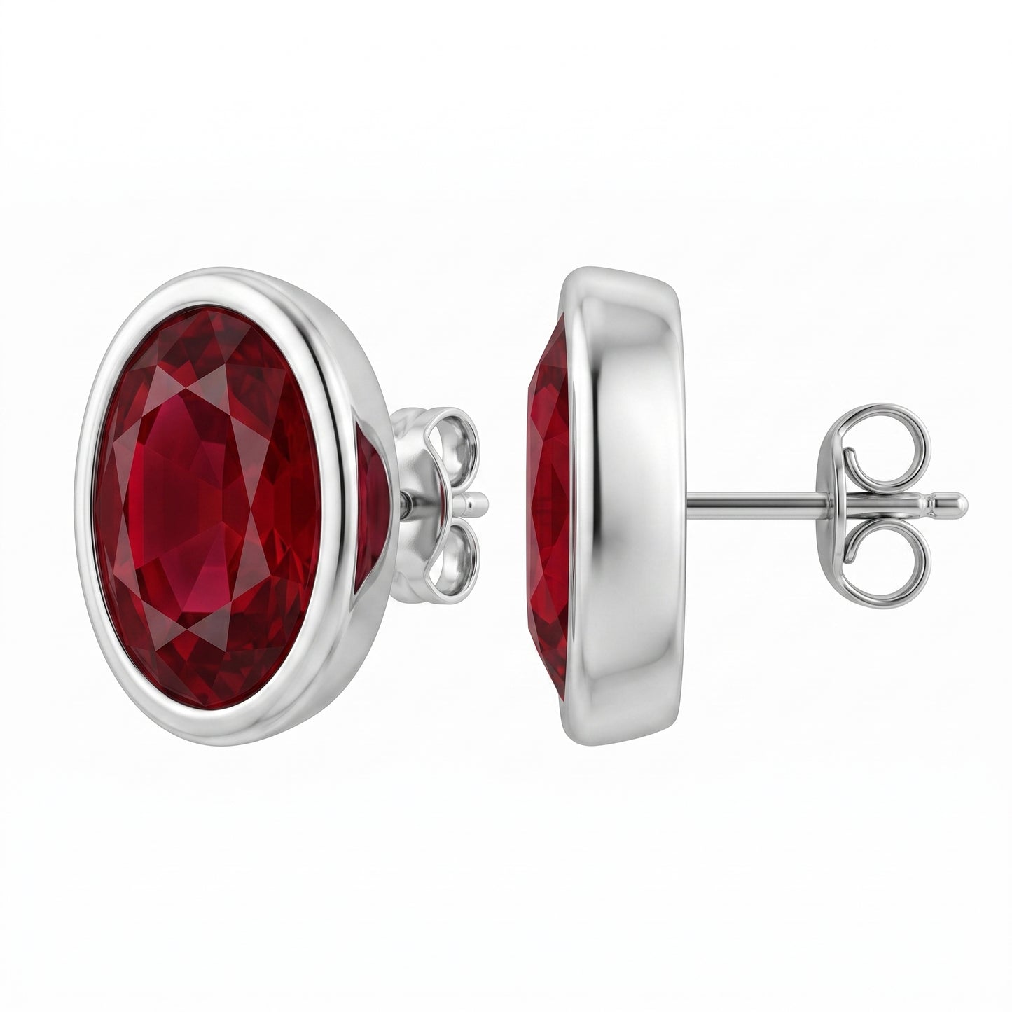 14k and 18k white gold 5x6mm oval ruby bezel-set earrings, front and profile view, white background