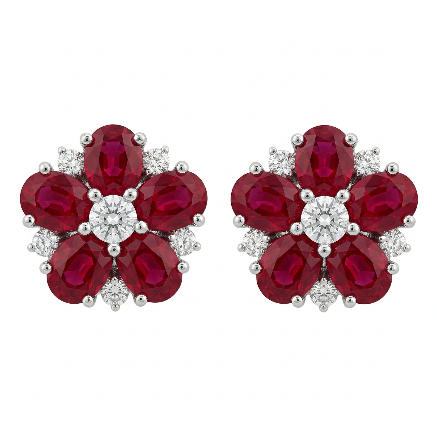 Ruby & Diamond Flower Stud Earrings