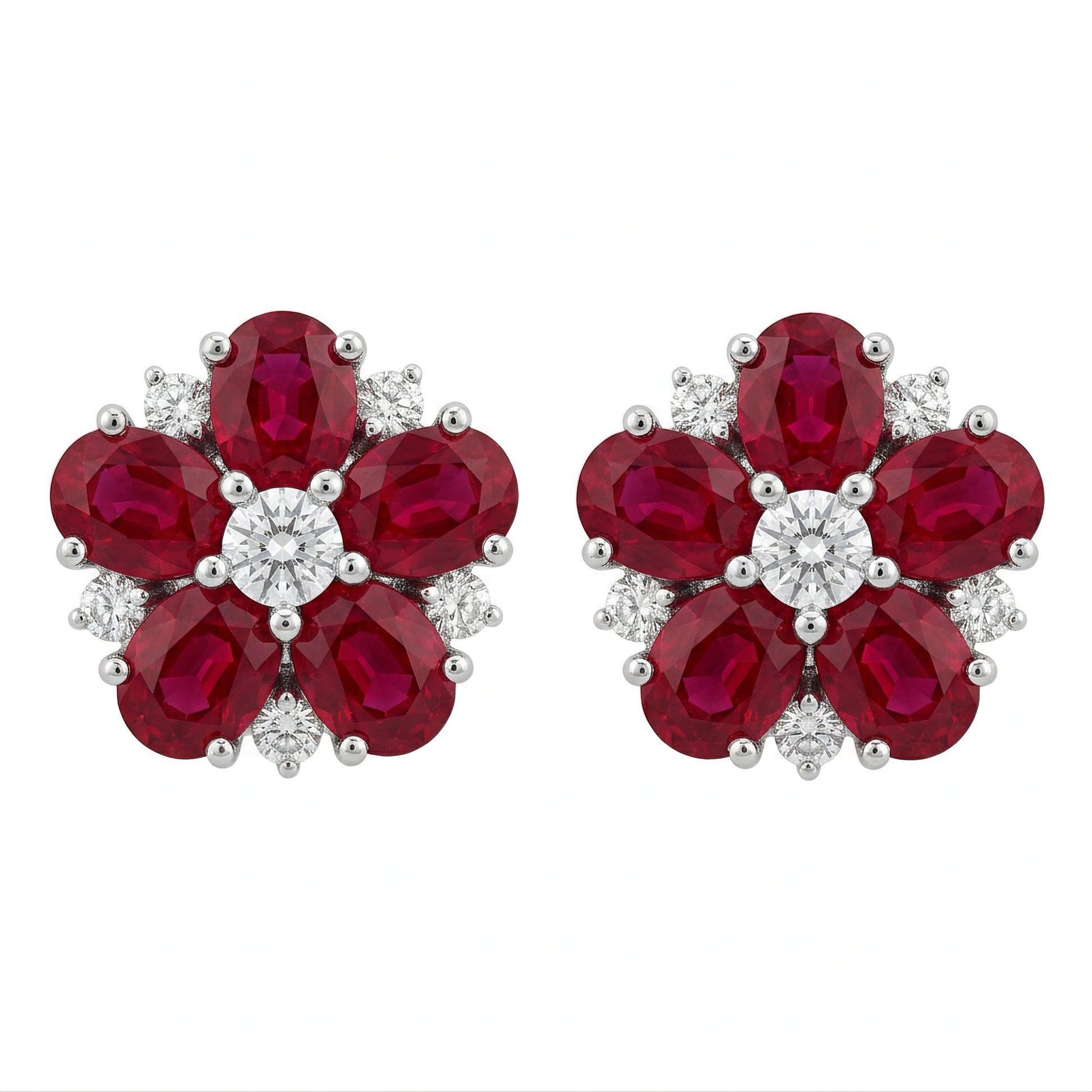 Ruby & Diamond Flower Stud Earrings