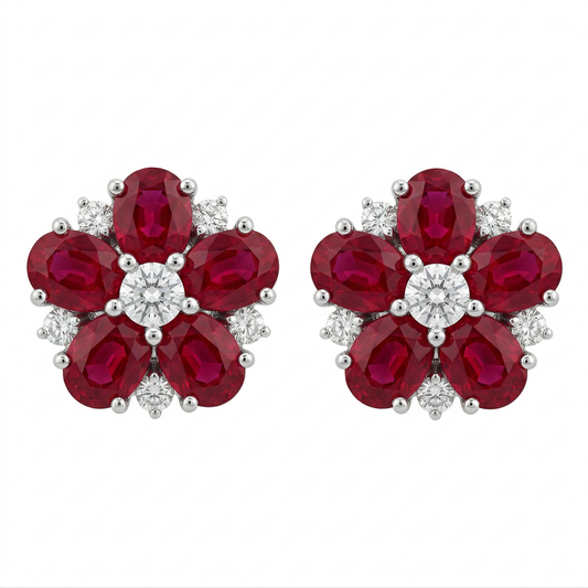 Ruby & Diamond Flower Stud Earrings