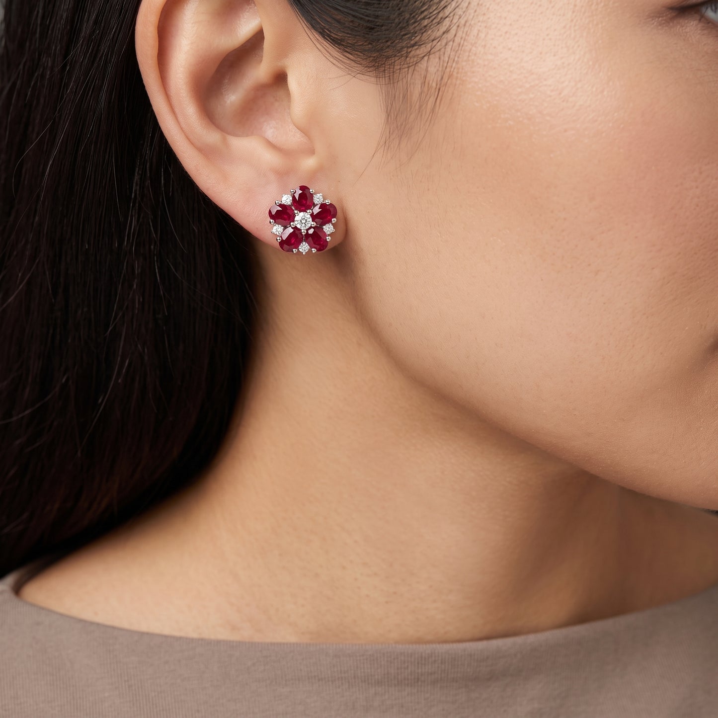 Ruby & Diamond Flower Stud Earrings