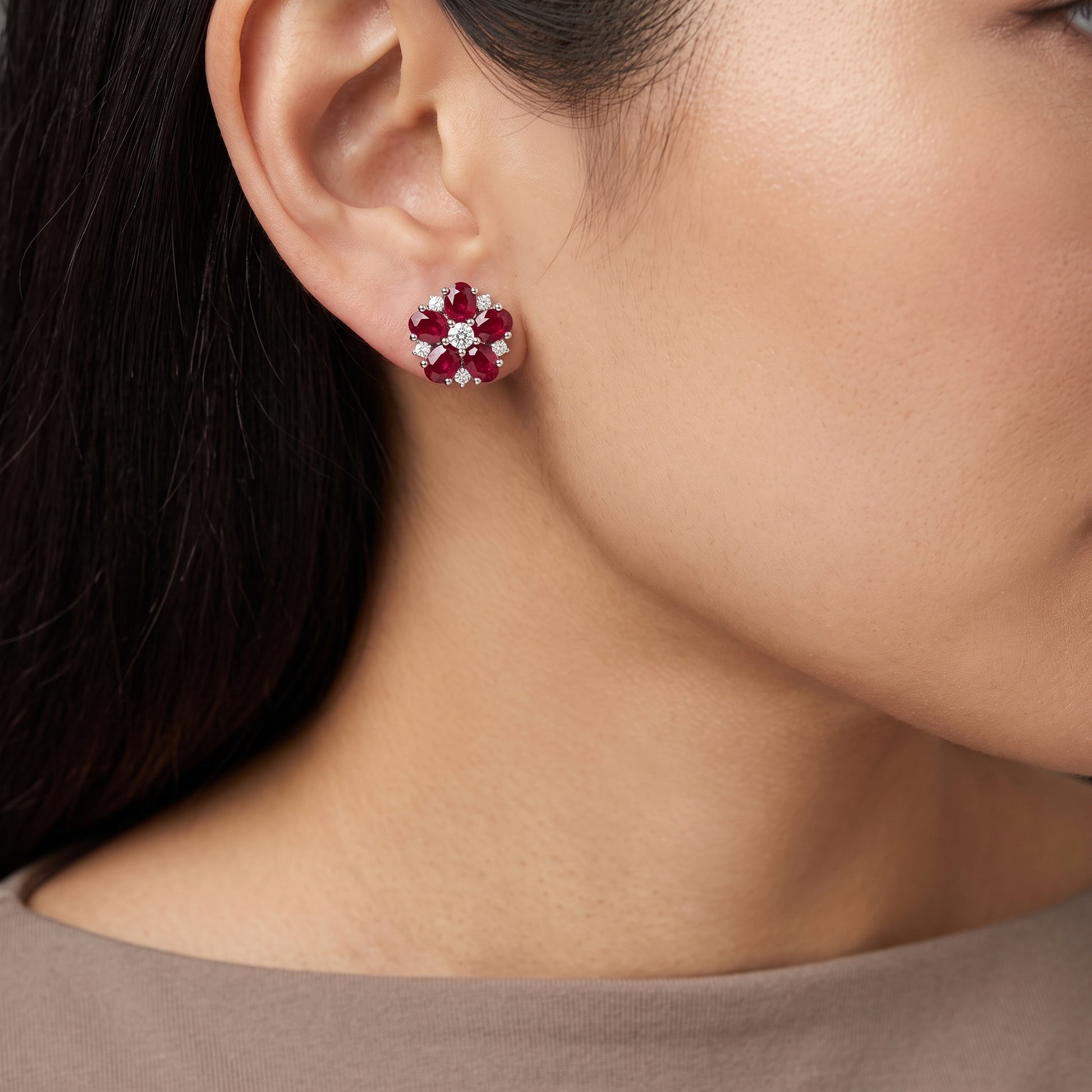 Ruby & Diamond Flower Stud Earrings