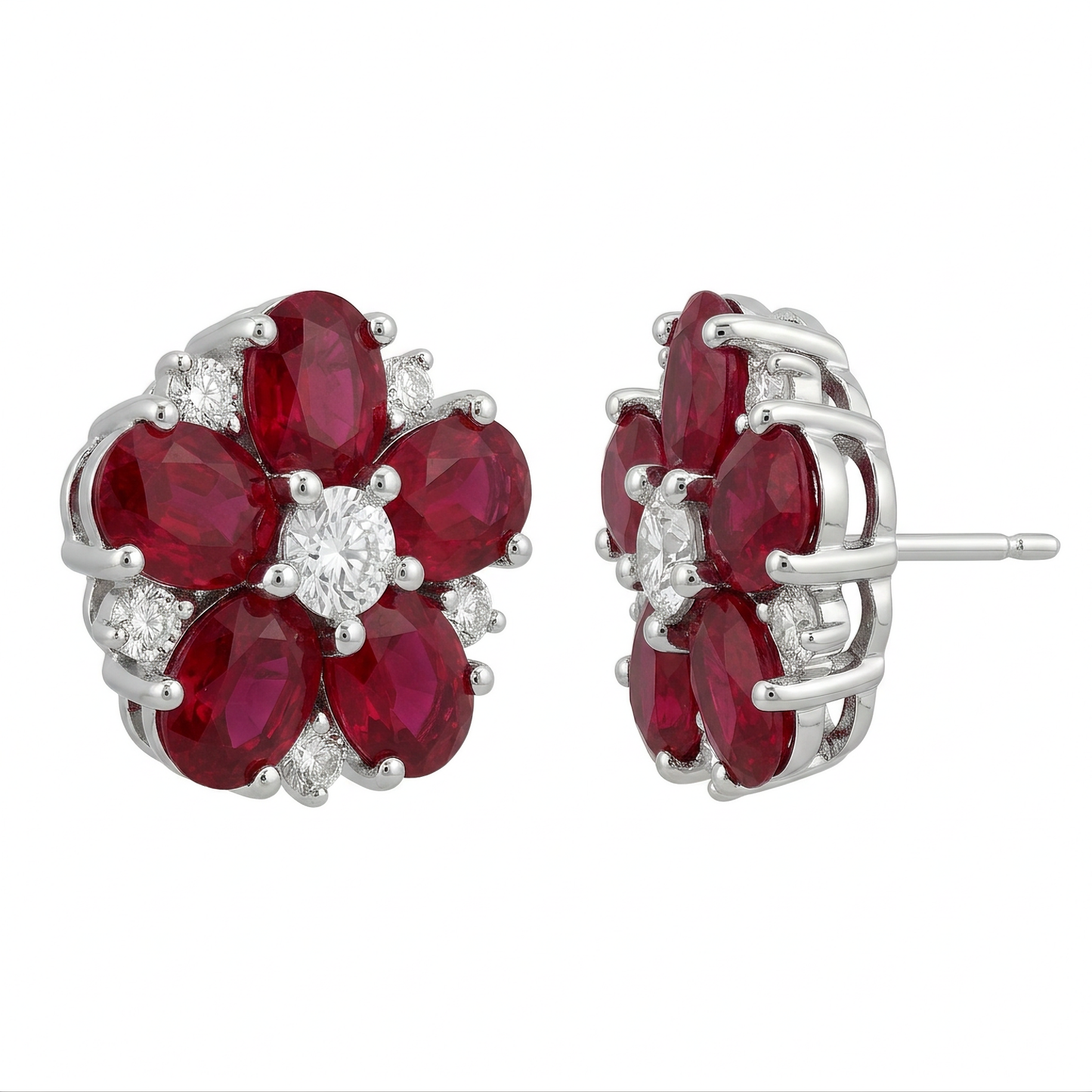 Ruby & Diamond Flower Stud Earrings