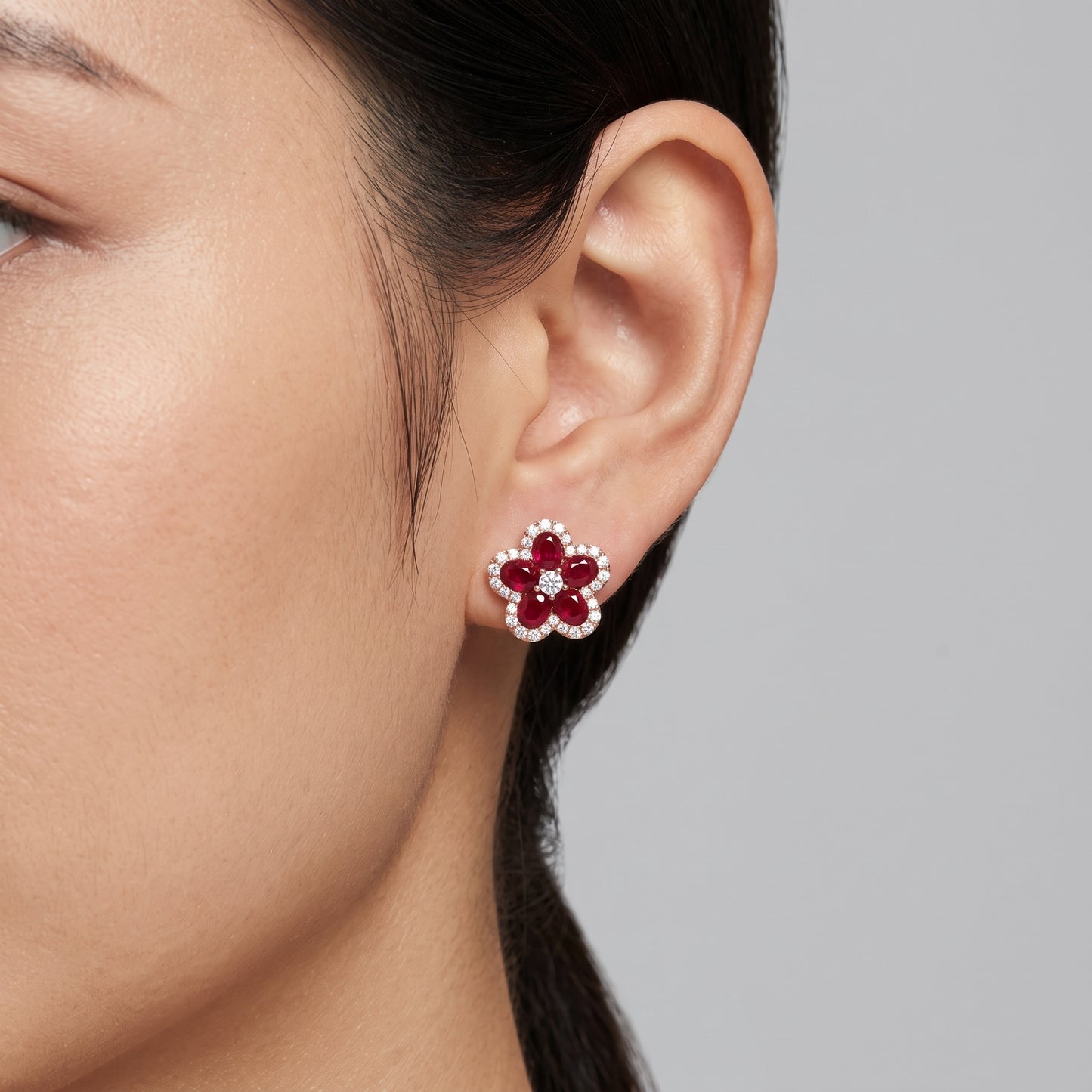 Oval Ruby & Diamond Flower Stud Earrings