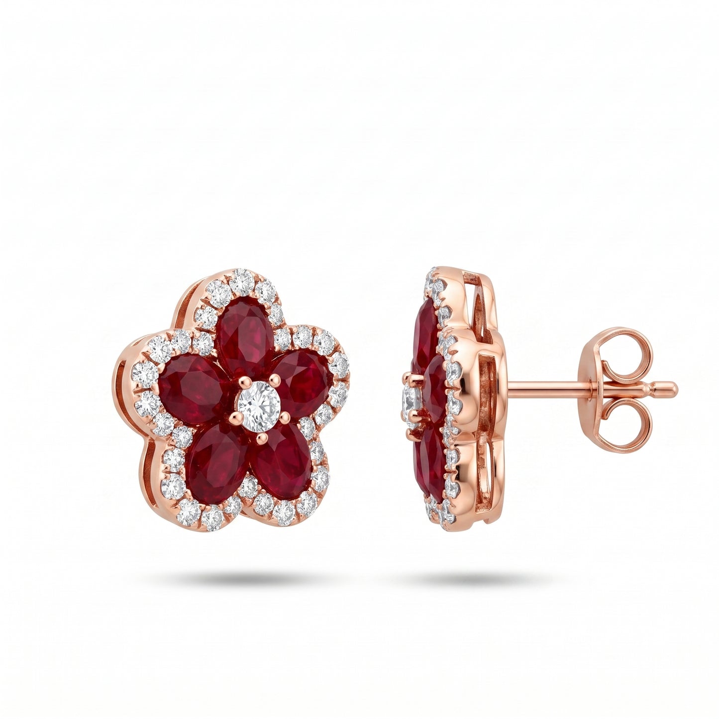 Oval Ruby & Diamond Flower Stud Earrings