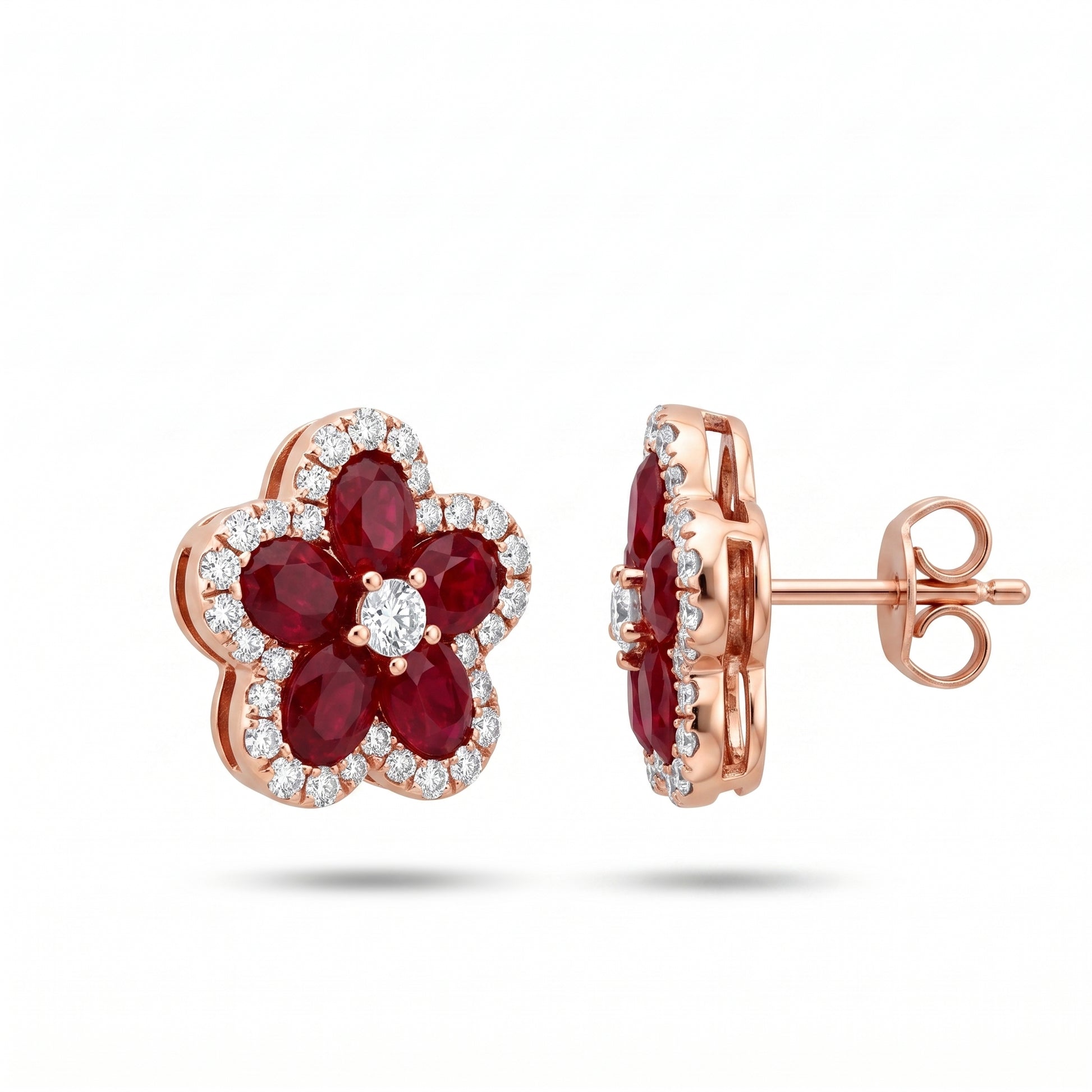 Oval Ruby & Diamond Flower Stud Earrings
